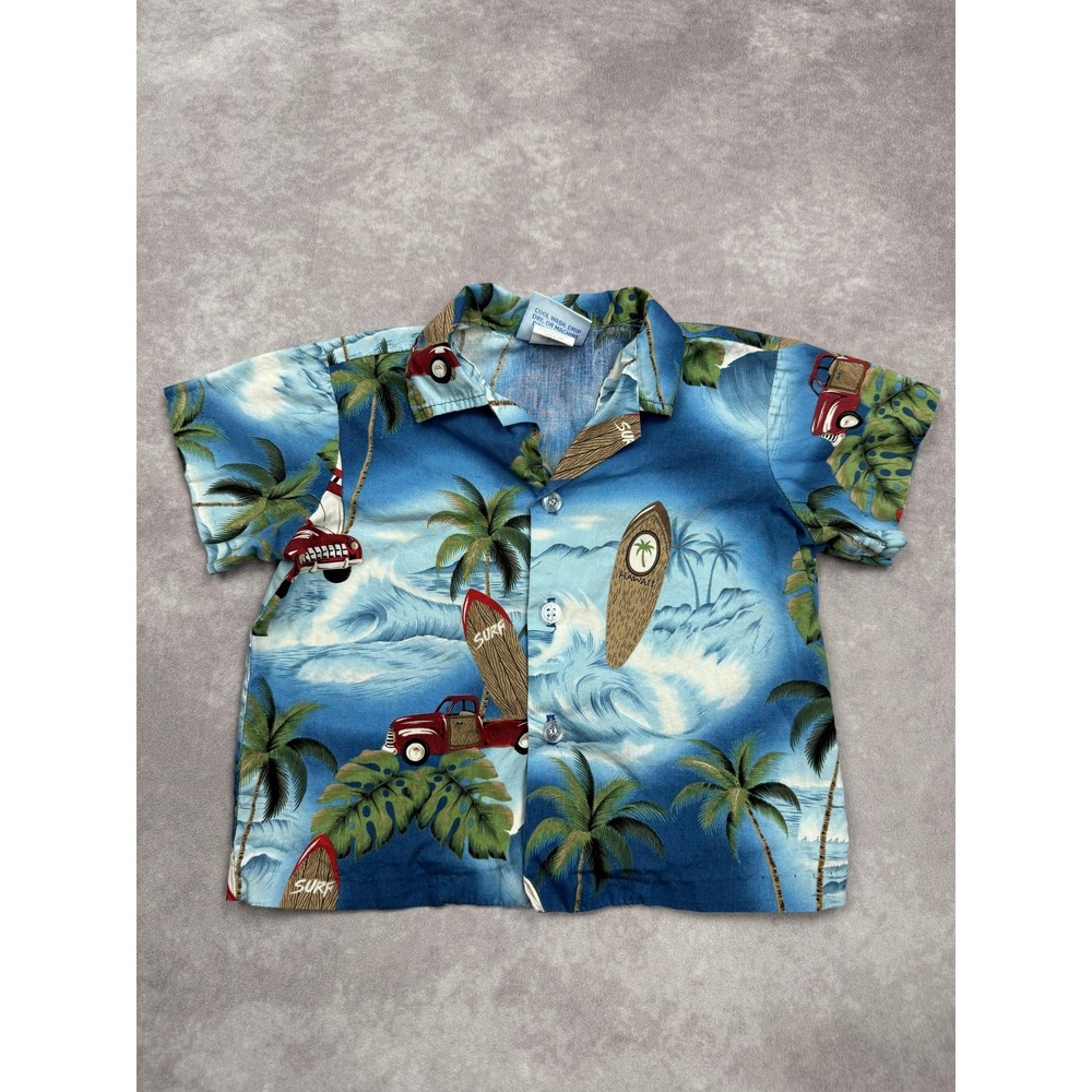 RJC Hawaiian Shirt Boys 2T Blue Palm Tree Surf‎ Truck Made in Hawaii USA Cotton